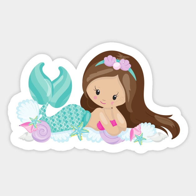 Little Mermaid, Cute Mermaid, Shells, Brown Hair Sticker by Jelena Dunčević